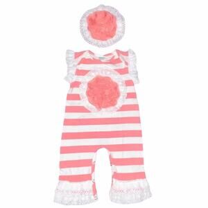12m Peaches n Cream Boutique Baby Girls Pink & White Romper Outfit Headband Set